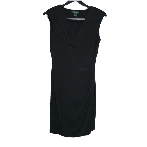 LAUREN RALPH LAUREN $129 Slinky Stretch Draped Black Pleated Dress Size 12 Vneck - Picture 1 of 3